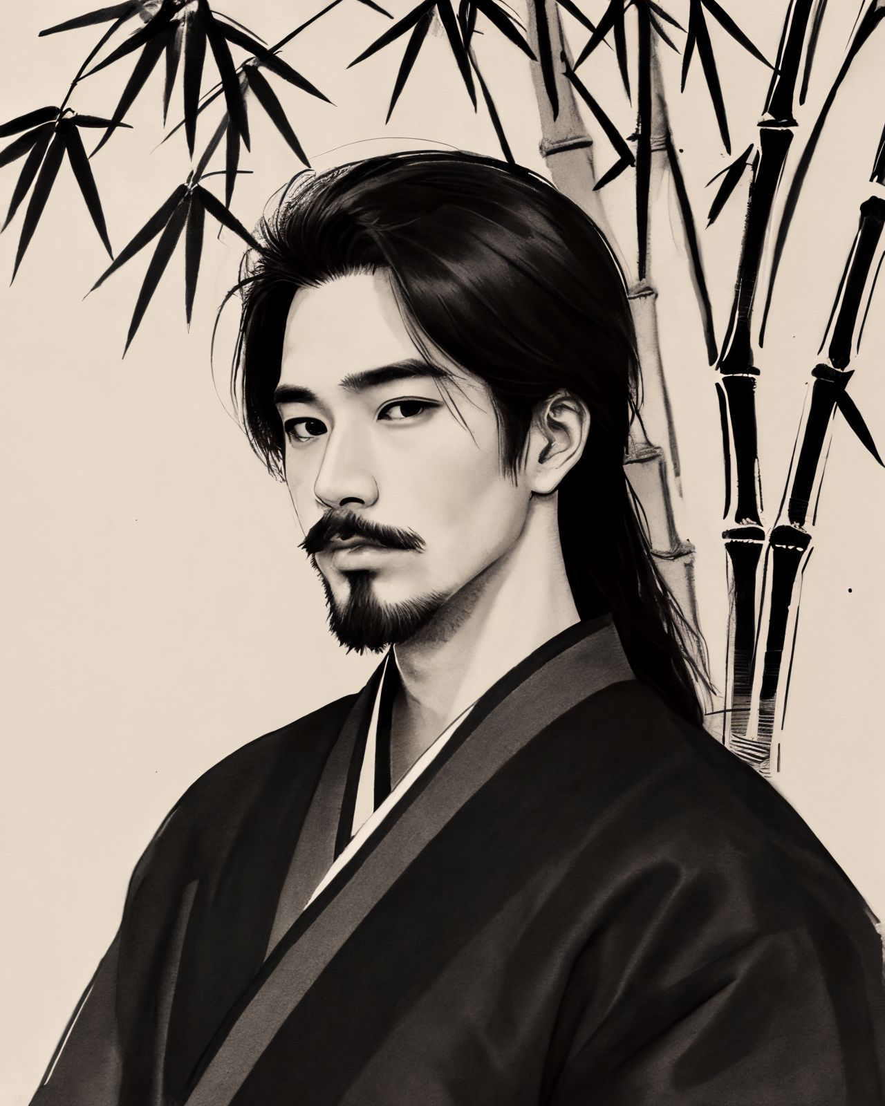 3914023888-_lora_zyd232_InkStyle_v1_0_0.5_ zydink, monochrome, ink sketch, 1boy, (asian man), facial hair, upper body, black long hair, bla.jpg